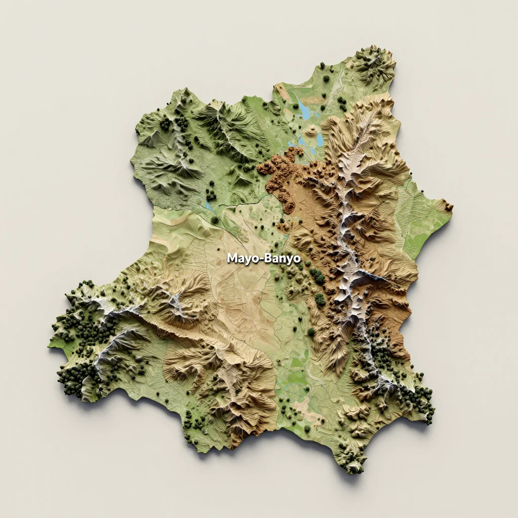 Isometric 3D topographic visualization showing elevation and terrain of Mayo-Banyo, Cameroon