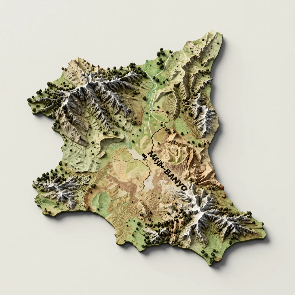 Isometric 3D topographic visualization showing elevation and terrain of Mayo-Banyo, Cameroon