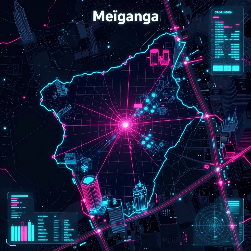 Cyberpunk style digital map of Meïganga, Cameroon with neon grid lines and futuristic UI design