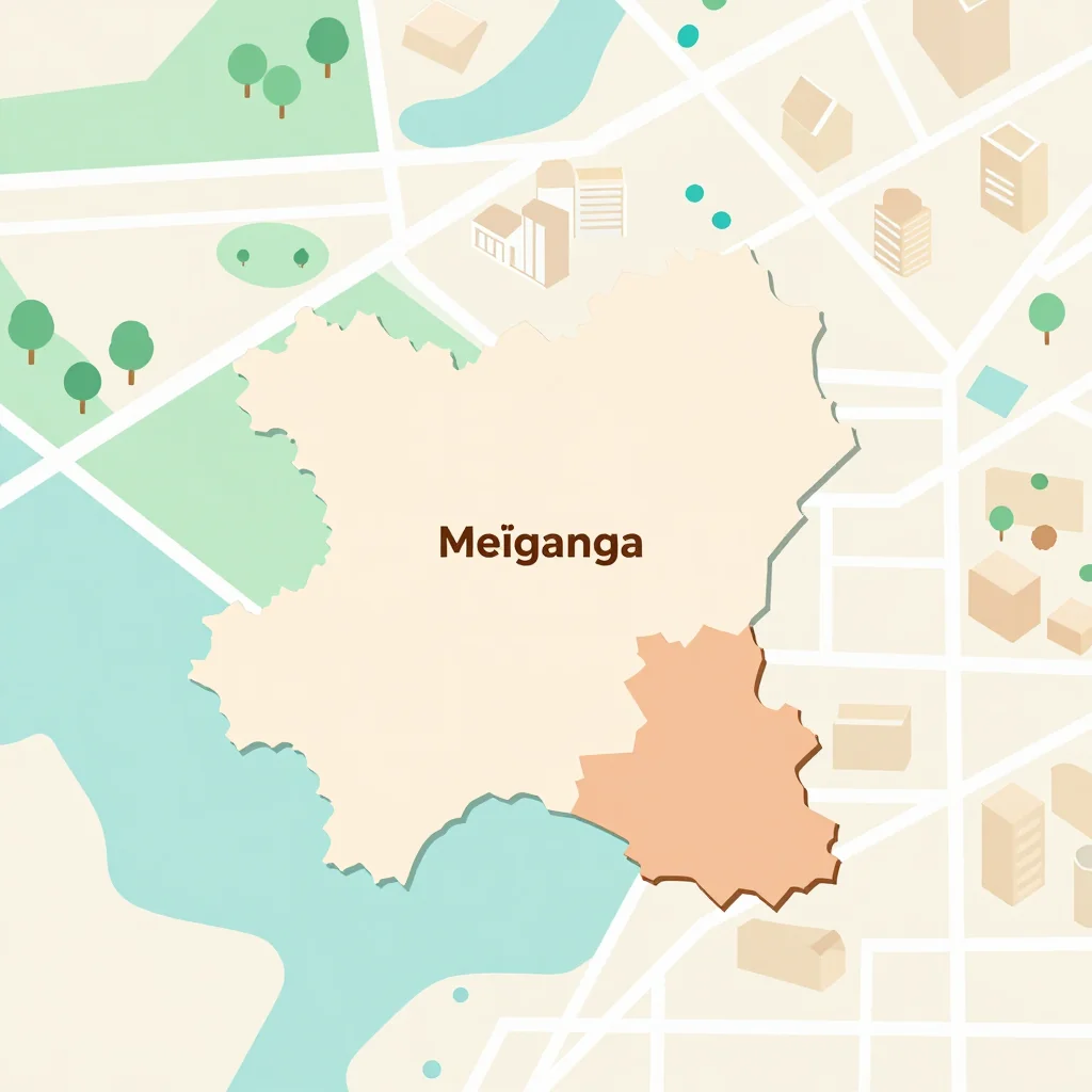 Isometric flat design tourist map of Meïganga, Cameroon showing landmarks, attractions, and points of interest