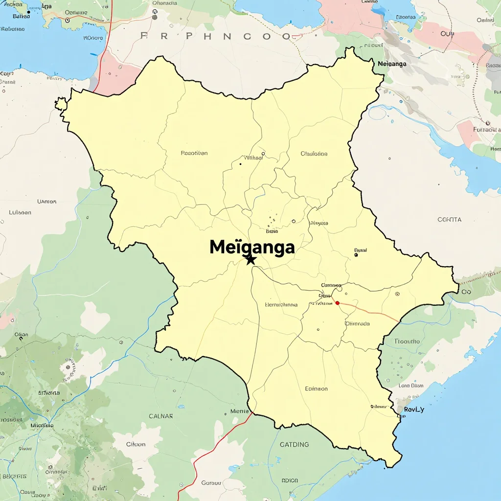 Political map showing borders, administrative divisions, major cities, and capital of Meïganga, Cameroon