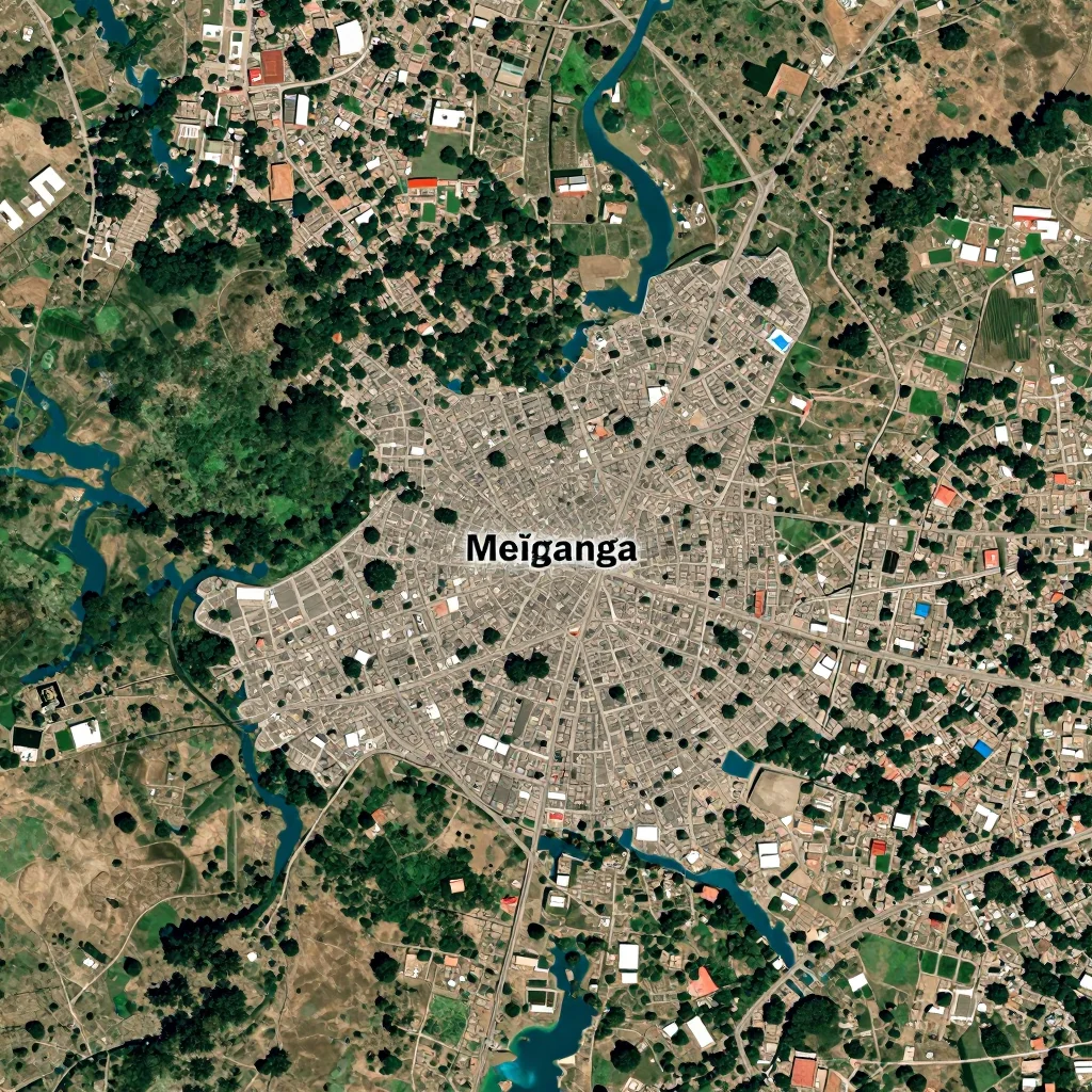 High-resolution satellite image of Meïganga, Cameroon showing land cover, urban areas, and natural features from space