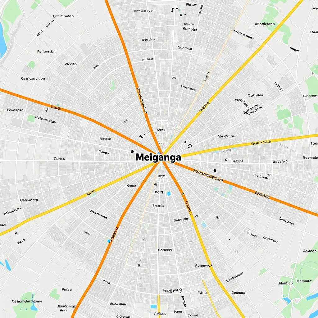 Detailed street map showing roads, highways, neighborhoods, and urban layout of Meïganga, Cameroon