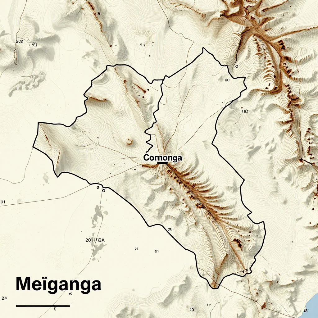 3D topographic map showing elevation contours, mountain ranges, and terrain features of Meïganga, Cameroon