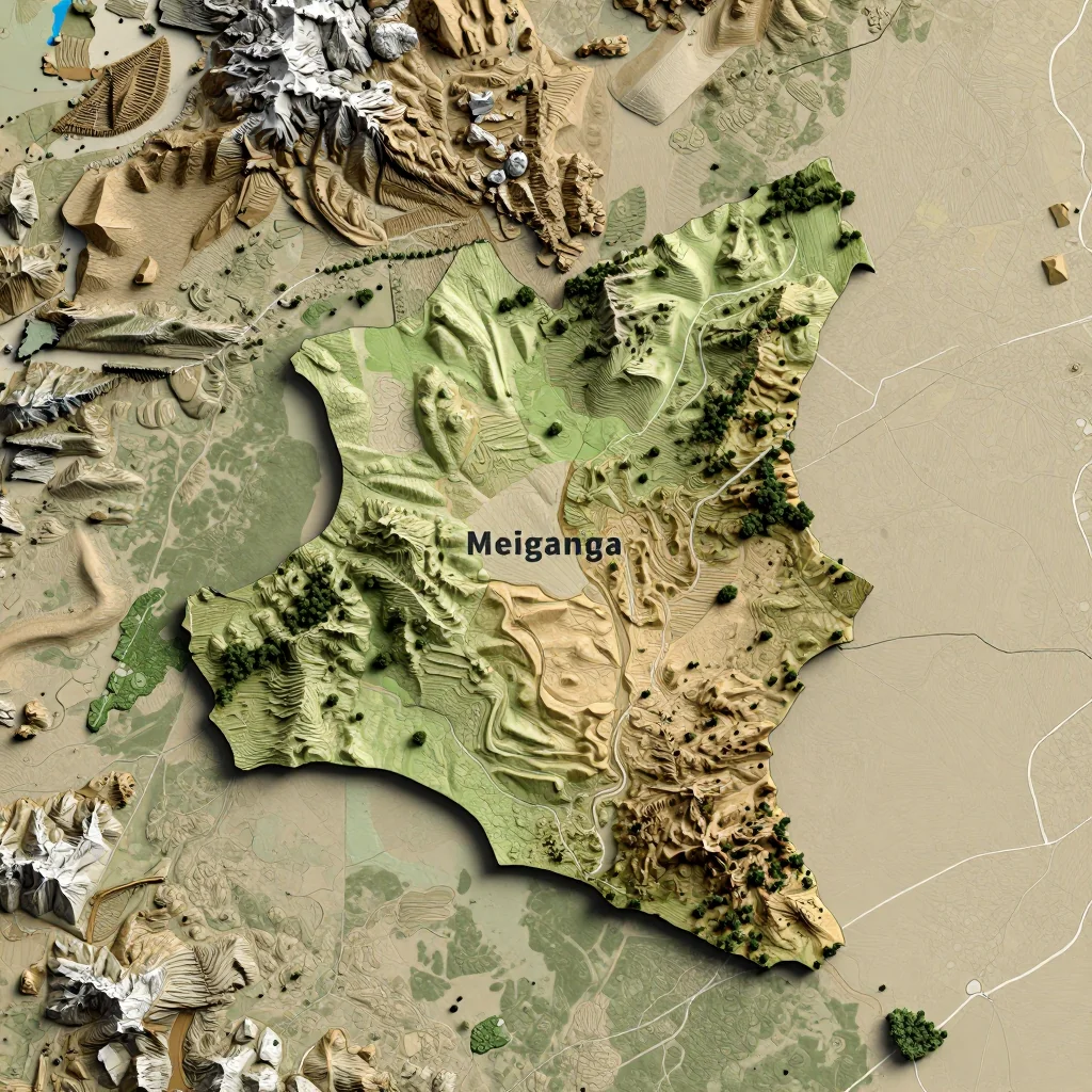 Isometric 3D topographic visualization showing elevation and terrain of Meïganga, Cameroon