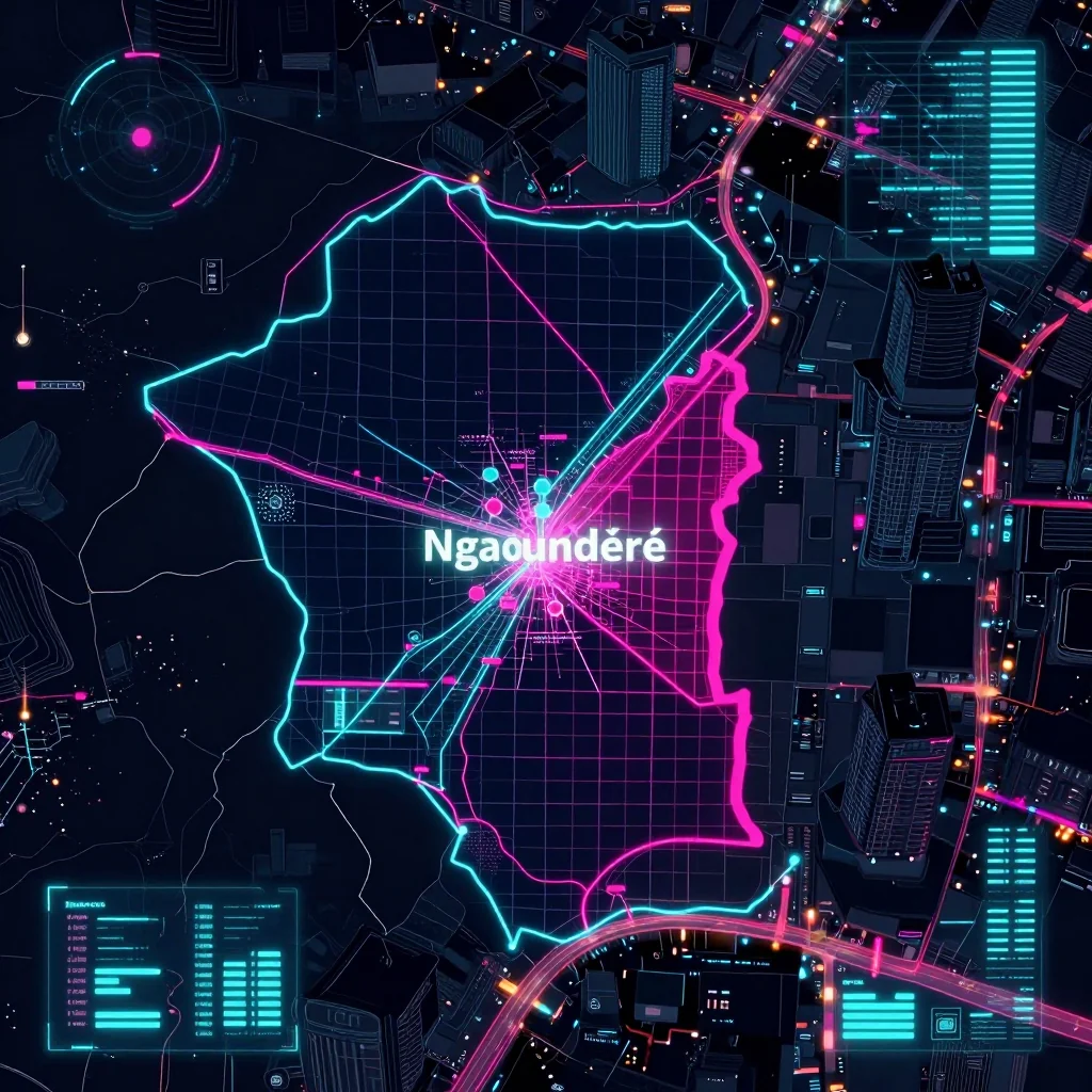 Cyberpunk style digital map of Ngaoundéré, Cameroon with neon grid lines and futuristic UI design