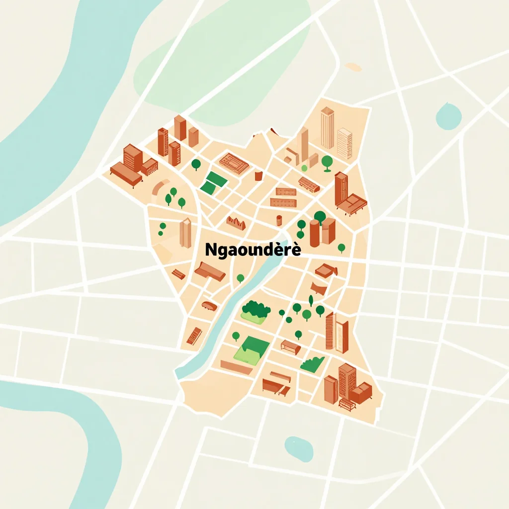 Isometric flat design tourist map of Ngaoundéré, Cameroon showing landmarks, attractions, and points of interest