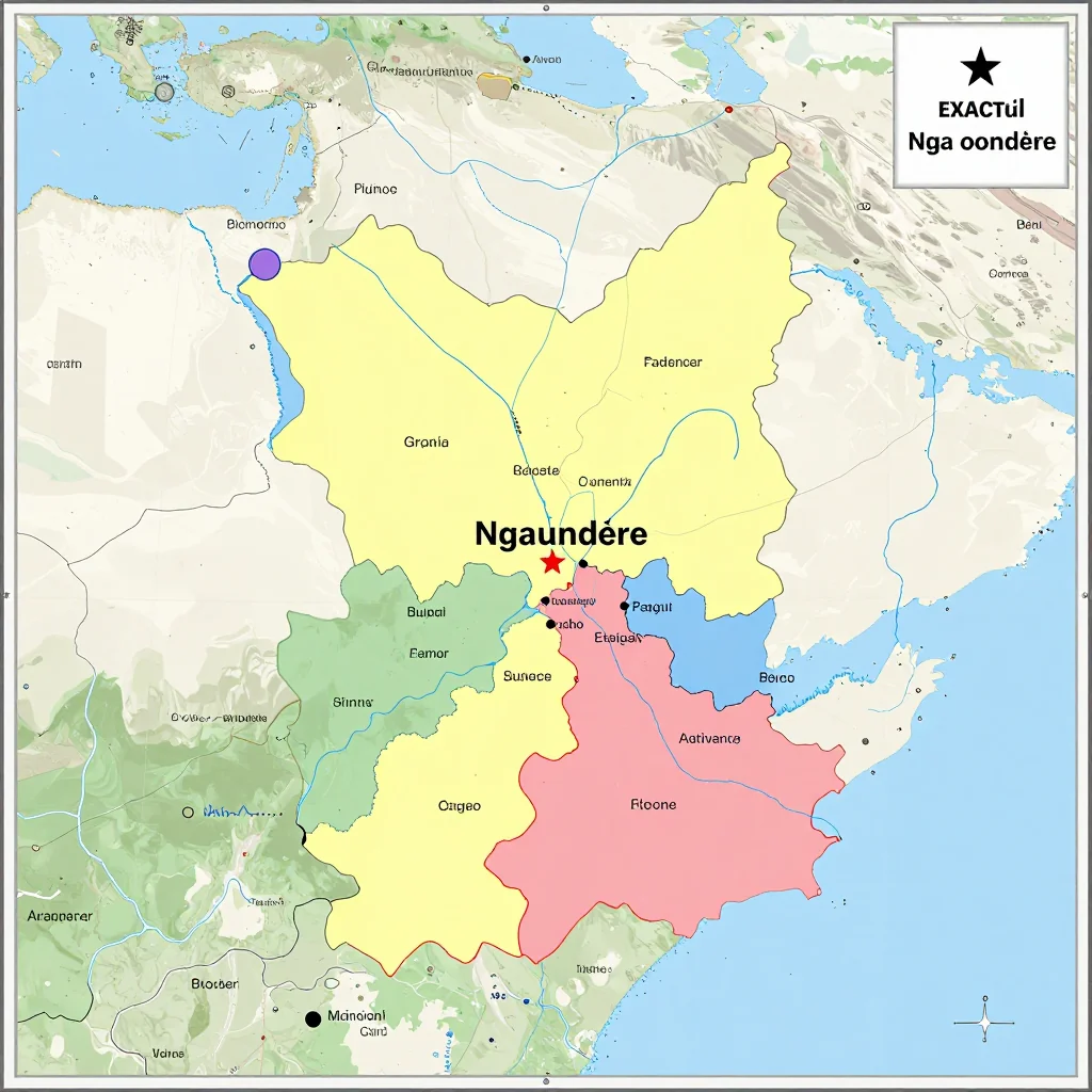 Political map showing borders, administrative divisions, major cities, and capital of Ngaoundéré, Cameroon
