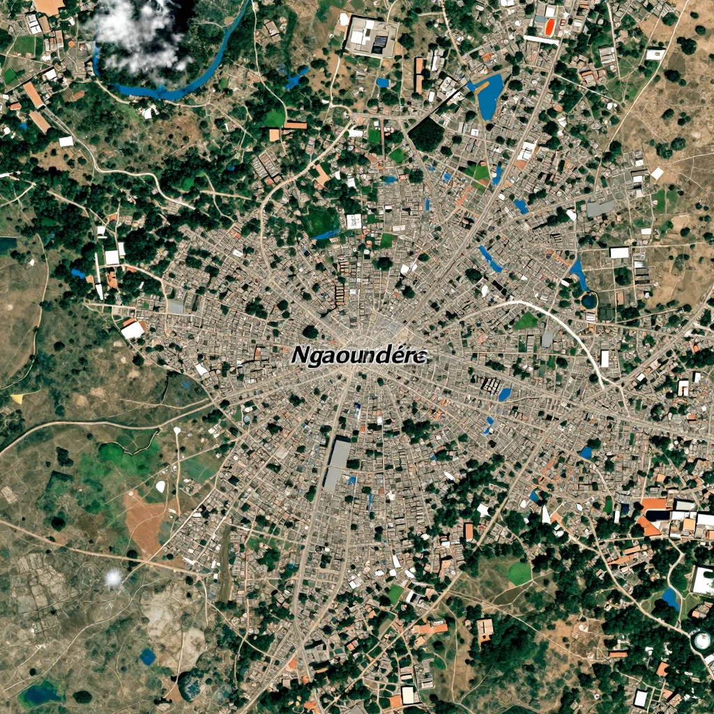 High-resolution satellite image of Ngaoundéré, Cameroon showing land cover, urban areas, and natural features from space