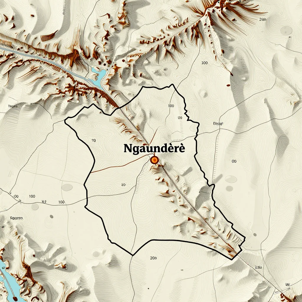 3D topographic map showing elevation contours, mountain ranges, and terrain features of Ngaoundéré, Cameroon