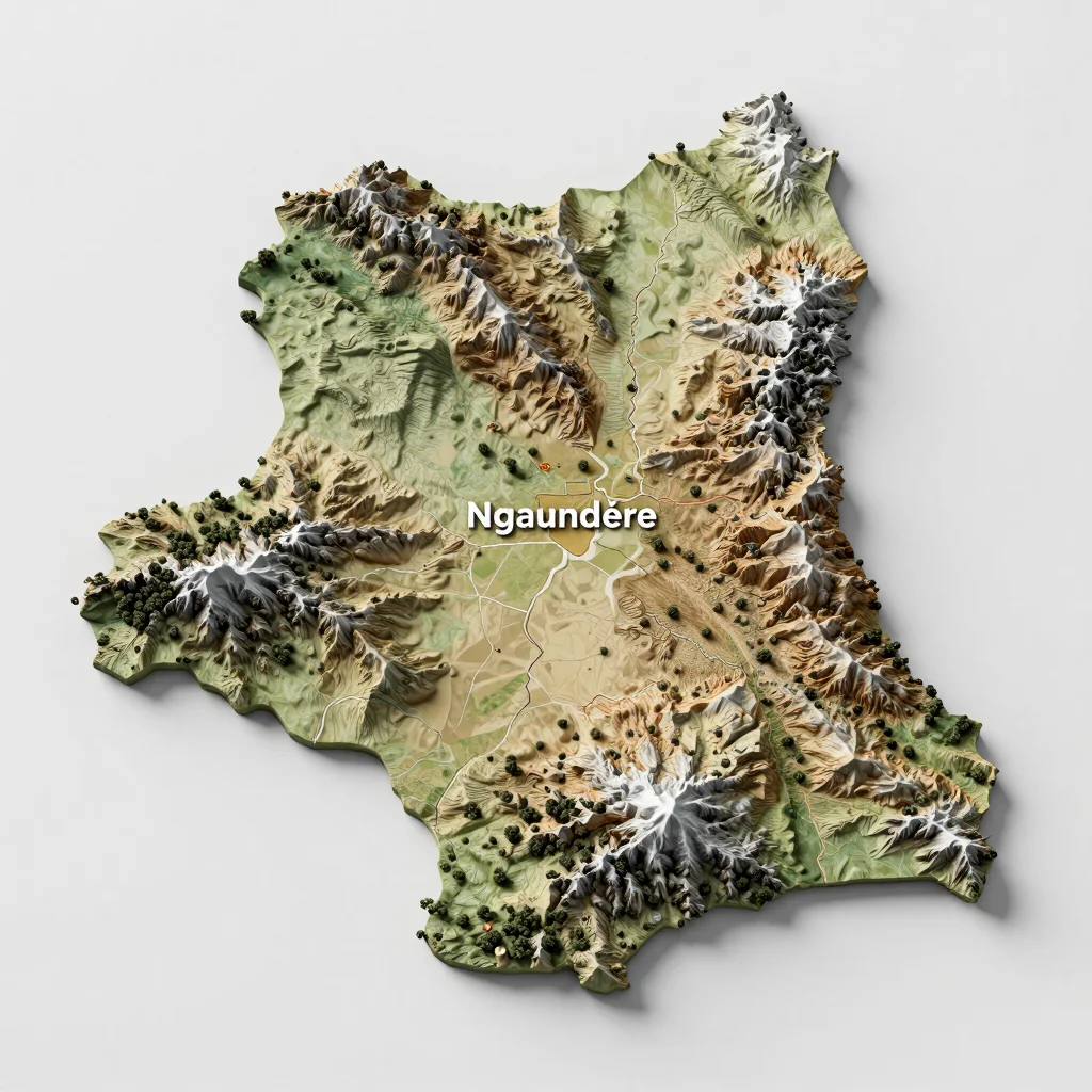 Isometric 3D topographic visualization showing elevation and terrain of Ngaoundéré, Cameroon