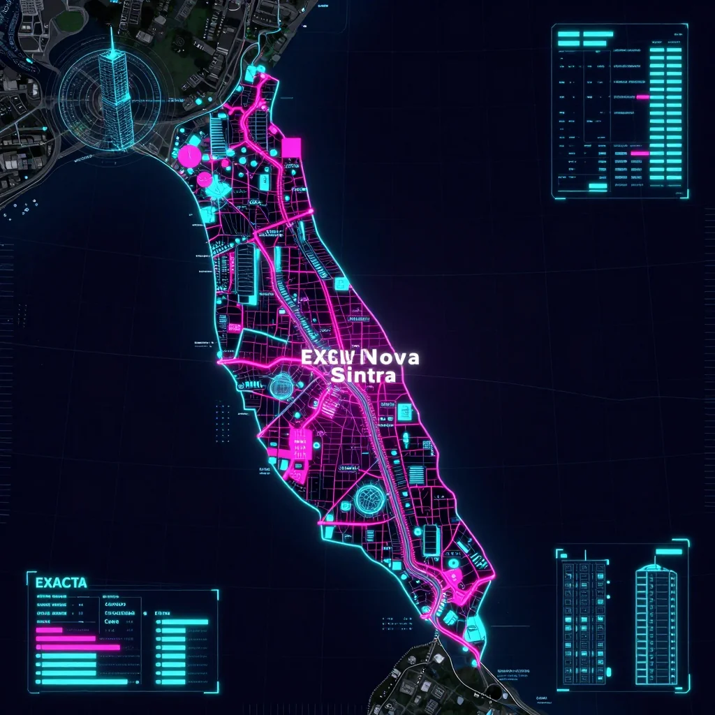 Cyberpunk style digital map of Nova Sintra, Cape Verde with neon grid lines and futuristic UI design