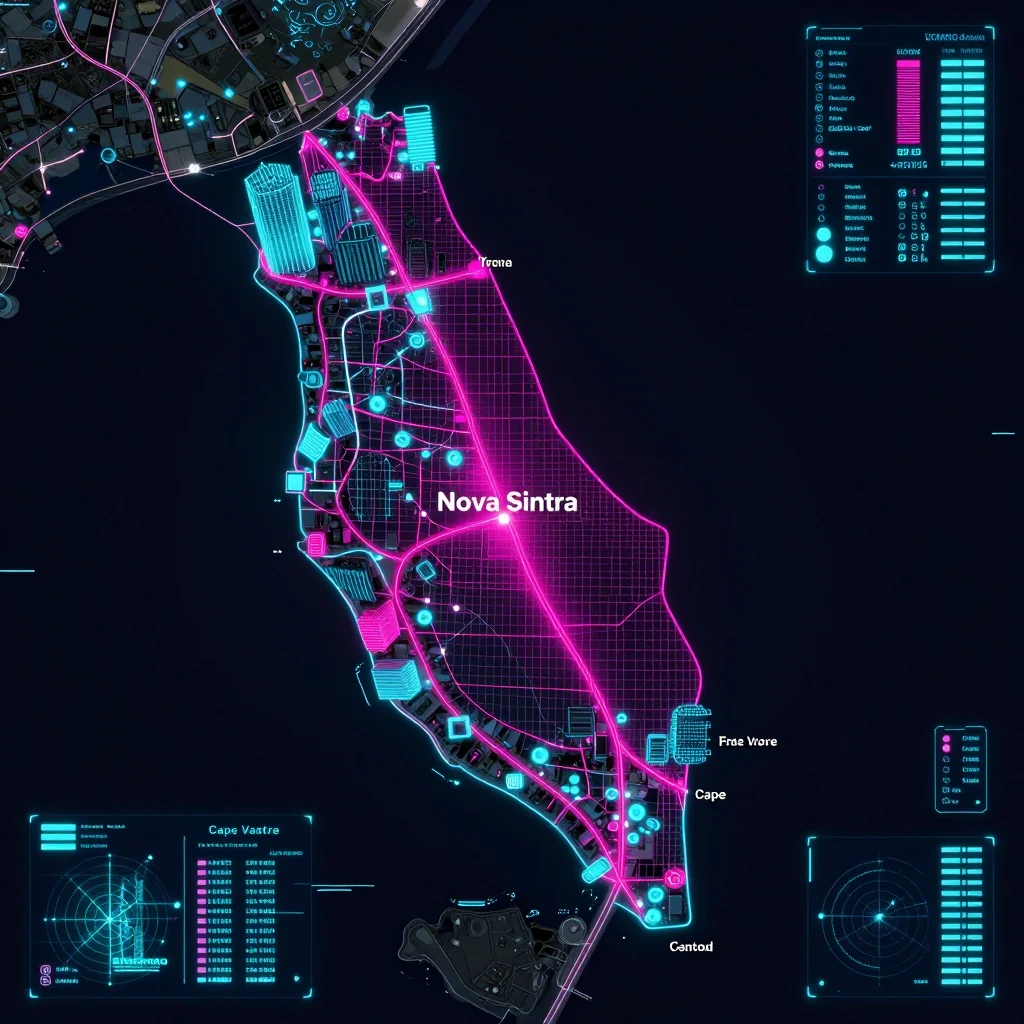 Cyberpunk style digital map of Nova Sintra, Cape Verde with neon grid lines and futuristic UI design