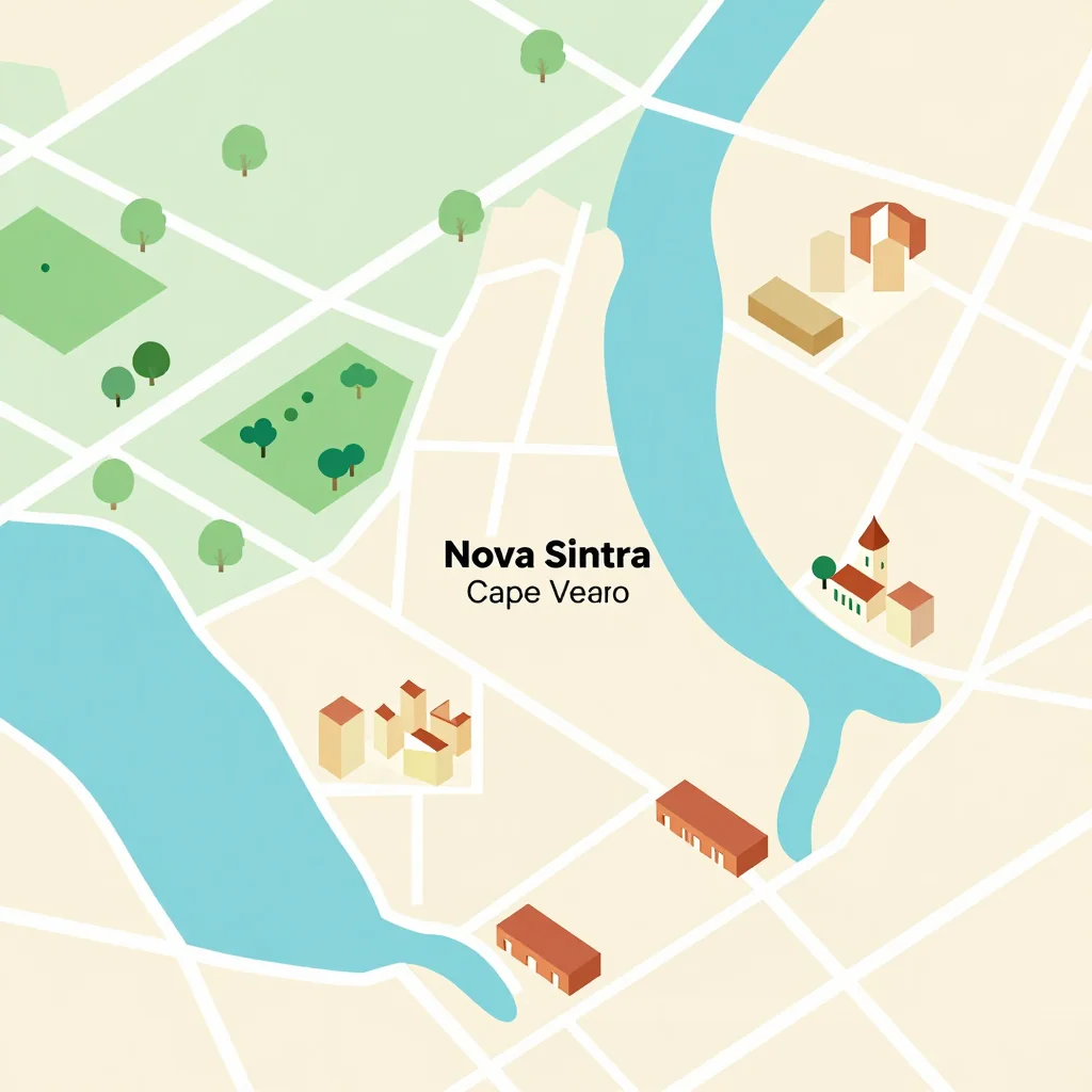 Isometric flat design tourist map of Nova Sintra, Cape Verde showing landmarks, attractions, and points of interest