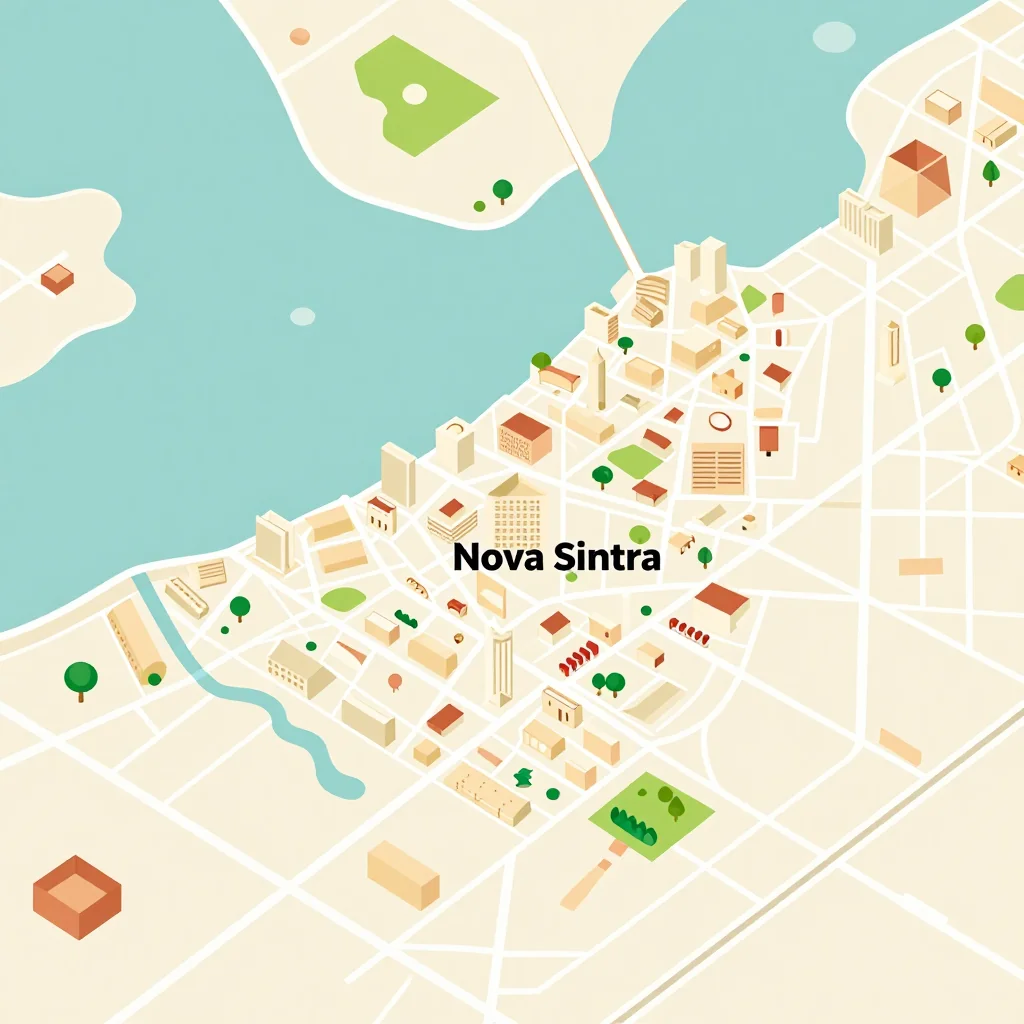 Isometric flat design tourist map of Nova Sintra, Cape Verde showing landmarks, attractions, and points of interest
