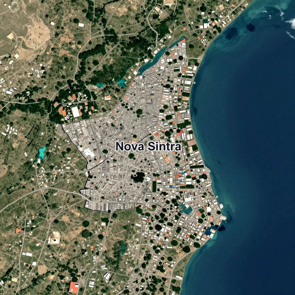 High-resolution satellite image of Nova Sintra, Cape Verde showing land cover, urban areas, and natural features from space