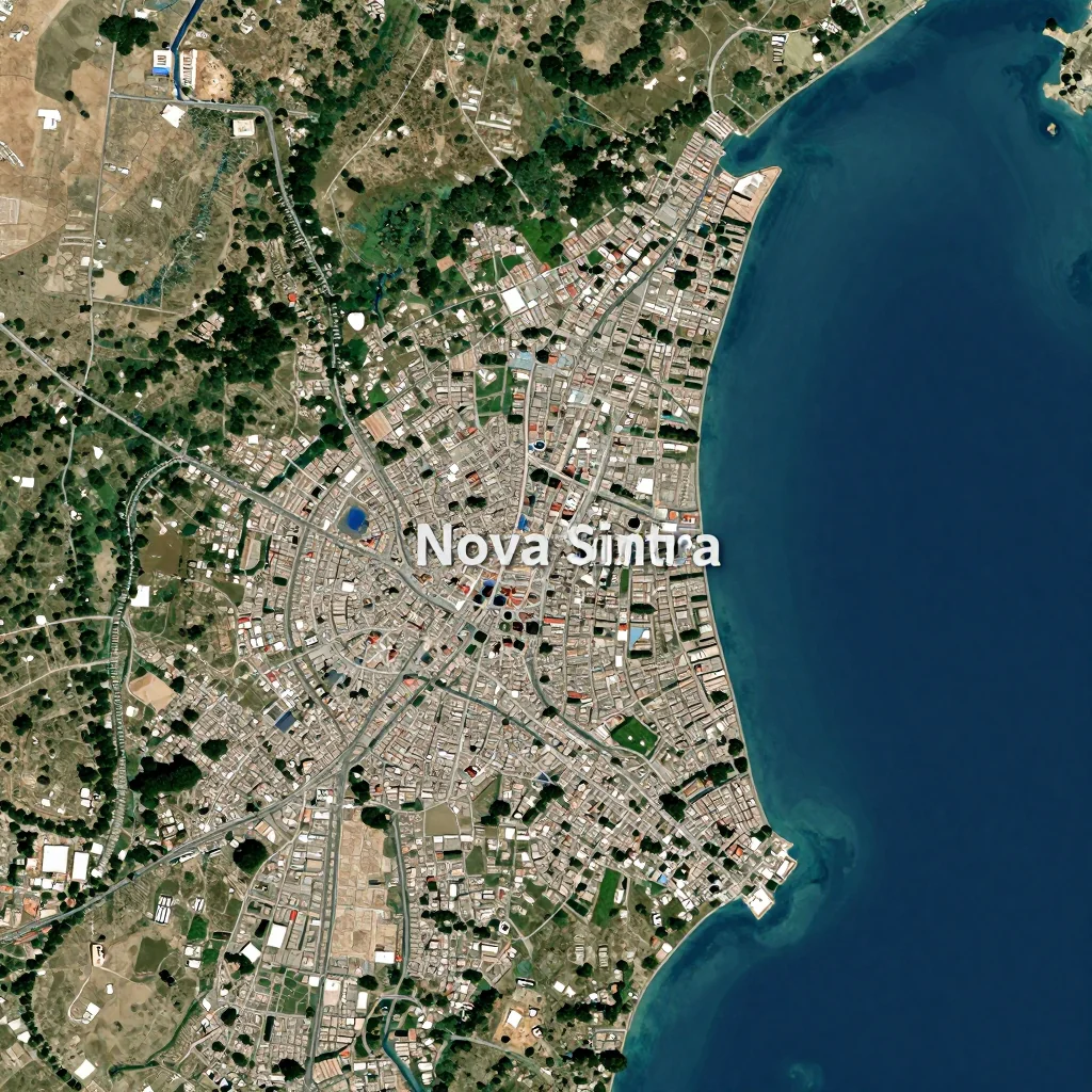 High-resolution satellite image of Nova Sintra, Cape Verde showing land cover, urban areas, and natural features from space