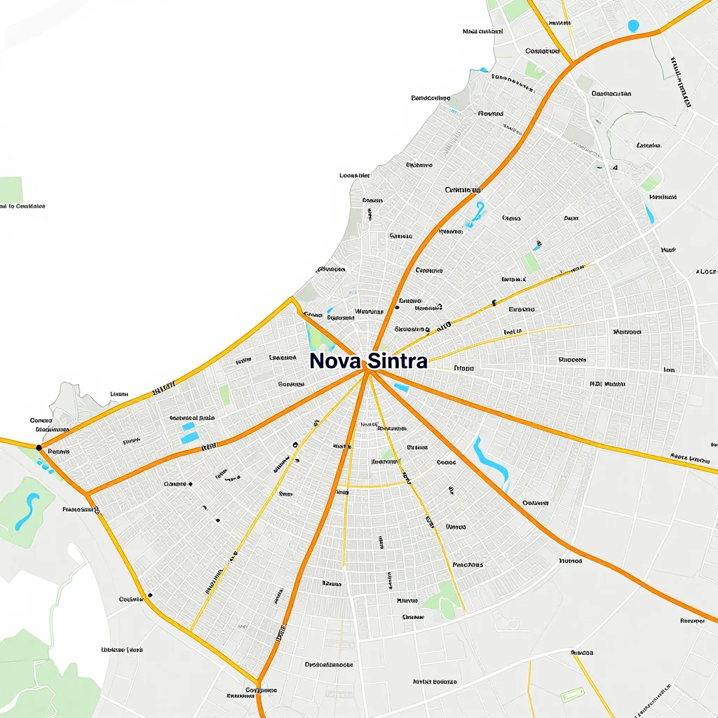 Detailed street map showing roads, highways, neighborhoods, and urban layout of Nova Sintra, Cape Verde