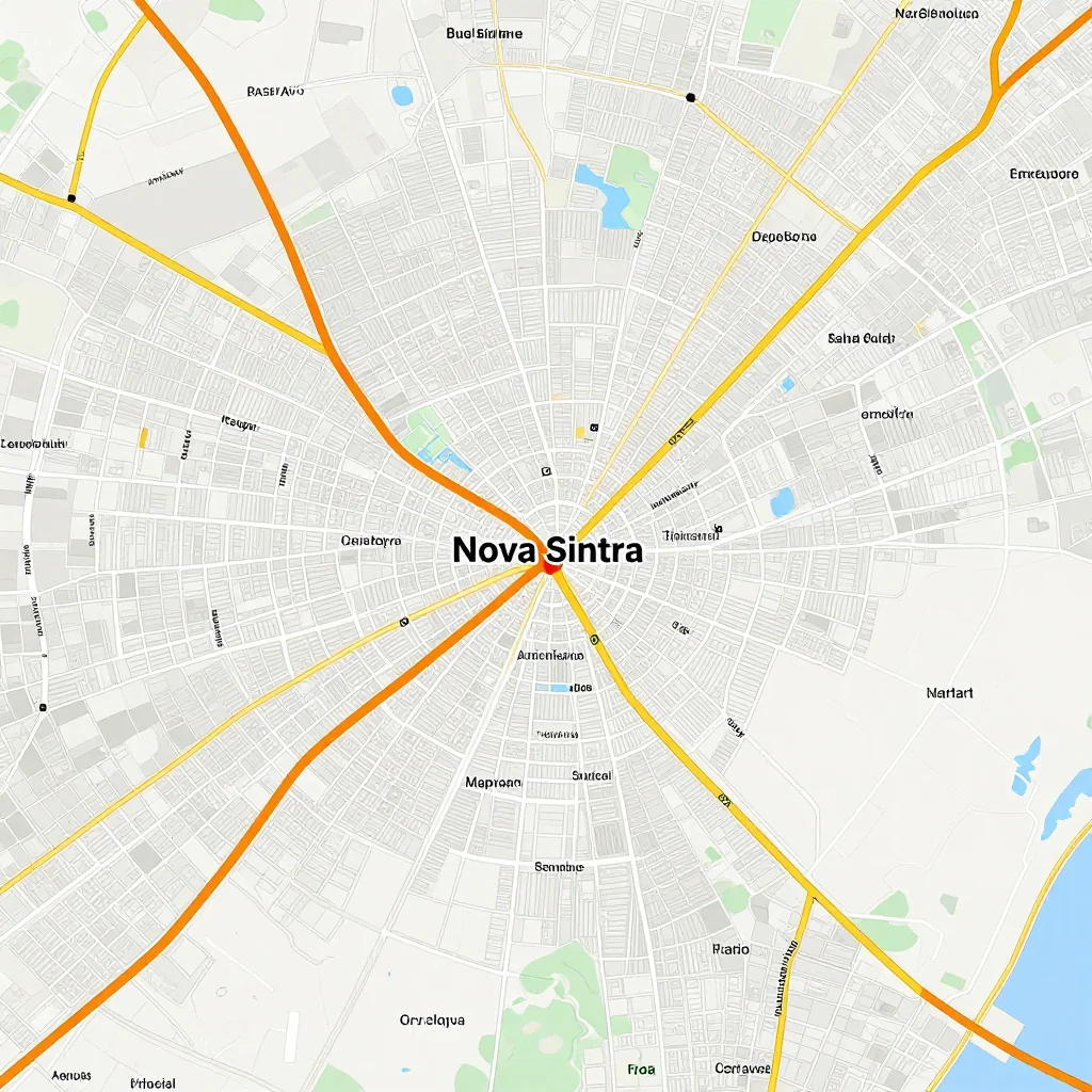 Detailed street map showing roads, highways, neighborhoods, and urban layout of Nova Sintra, Cape Verde