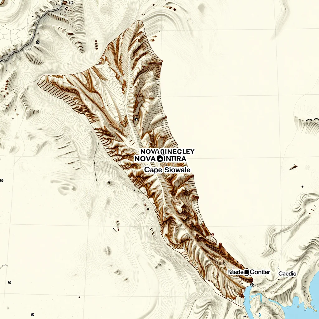 3D topographic map showing elevation contours, mountain ranges, and terrain features of Nova Sintra, Cape Verde