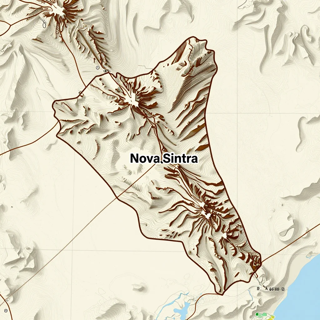 3D topographic map showing elevation contours, mountain ranges, and terrain features of Nova Sintra, Cape Verde