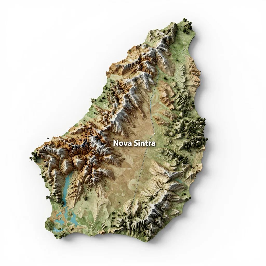 Isometric 3D topographic visualization showing elevation and terrain of Nova Sintra, Cape Verde