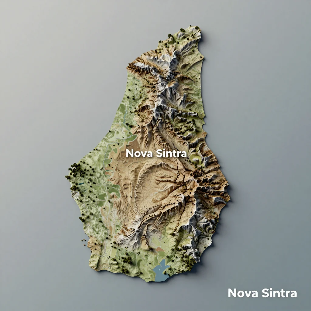 Isometric 3D topographic visualization showing elevation and terrain of Nova Sintra, Cape Verde