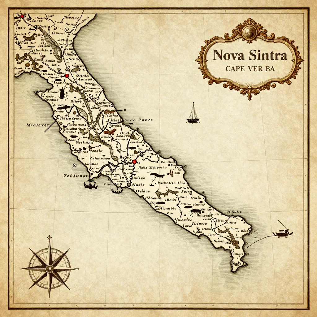 Antique vintage map of Nova Sintra, Cape Verde showing historical cartography style