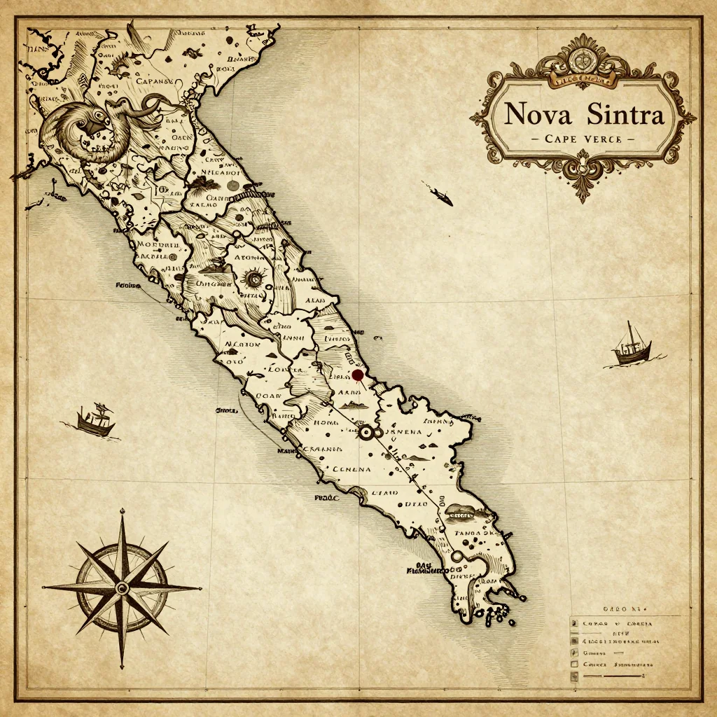 Antique vintage map of Nova Sintra, Cape Verde showing historical cartography style