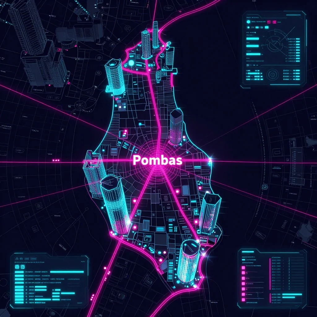 Cyberpunk style digital map of Pombas, Cape Verde with neon grid lines and futuristic UI design