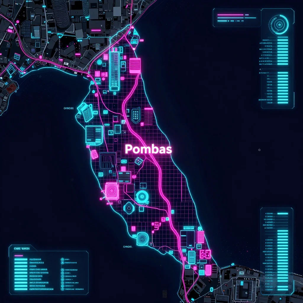 Cyberpunk style digital map of Pombas, Cape Verde with neon grid lines and futuristic UI design