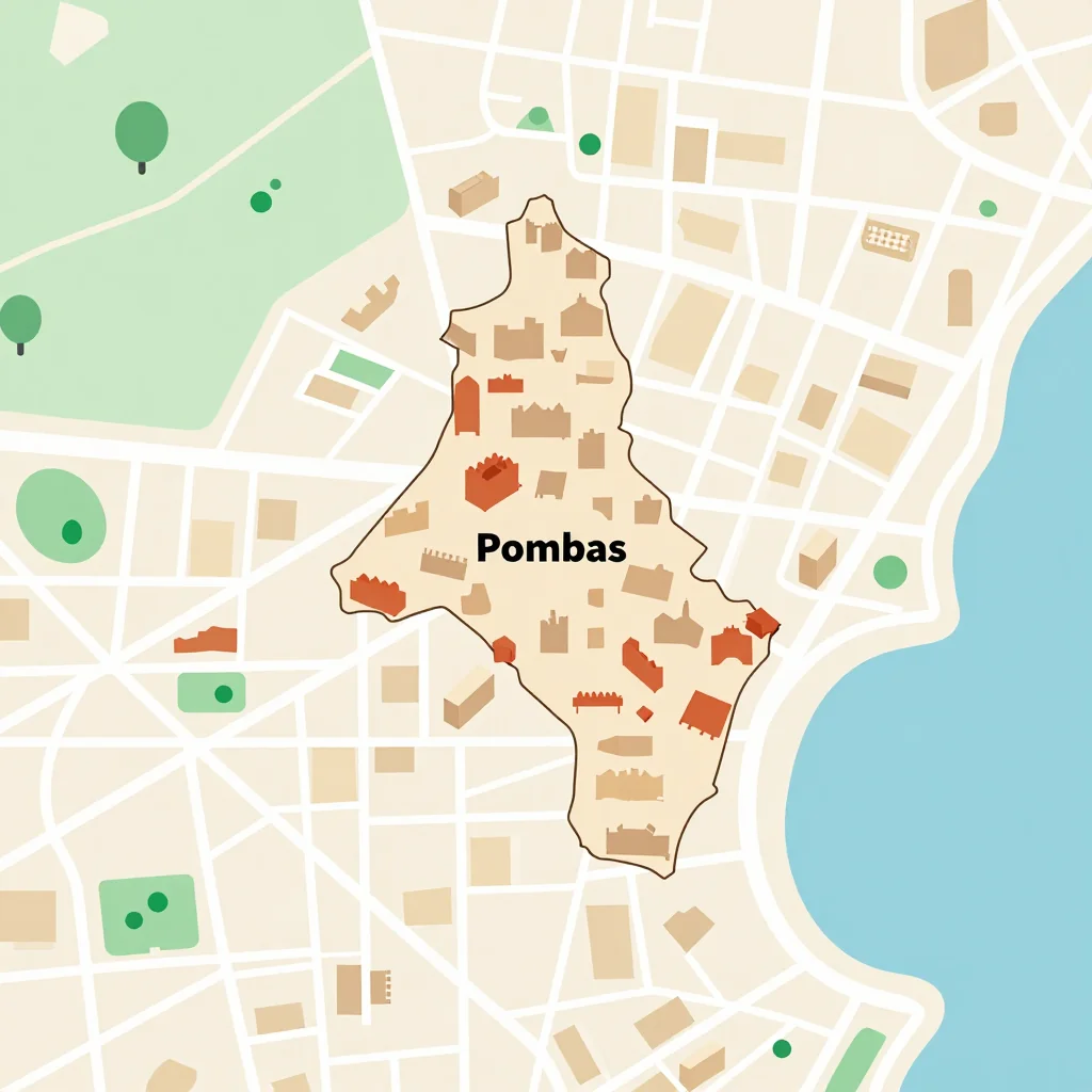 Isometric flat design tourist map of Pombas, Cape Verde showing landmarks, attractions, and points of interest