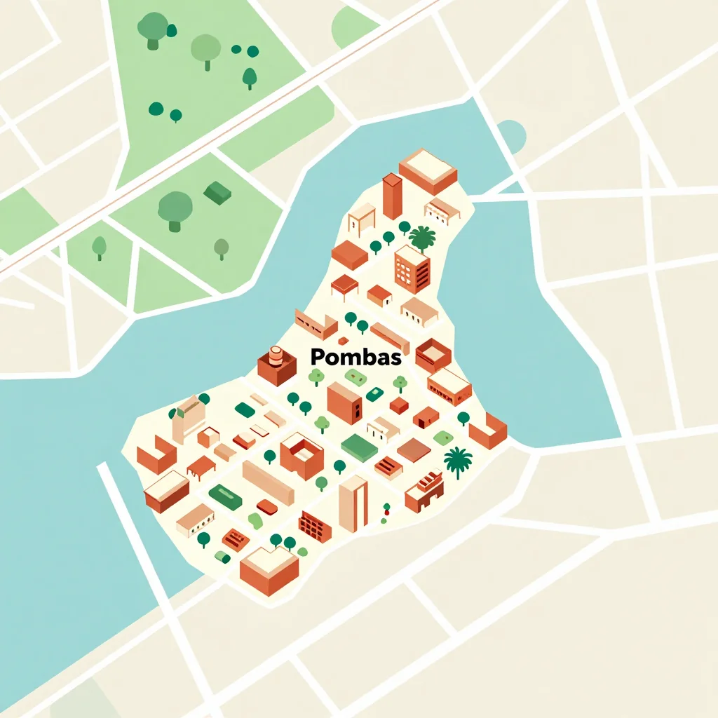 Isometric flat design tourist map of Pombas, Cape Verde showing landmarks, attractions, and points of interest