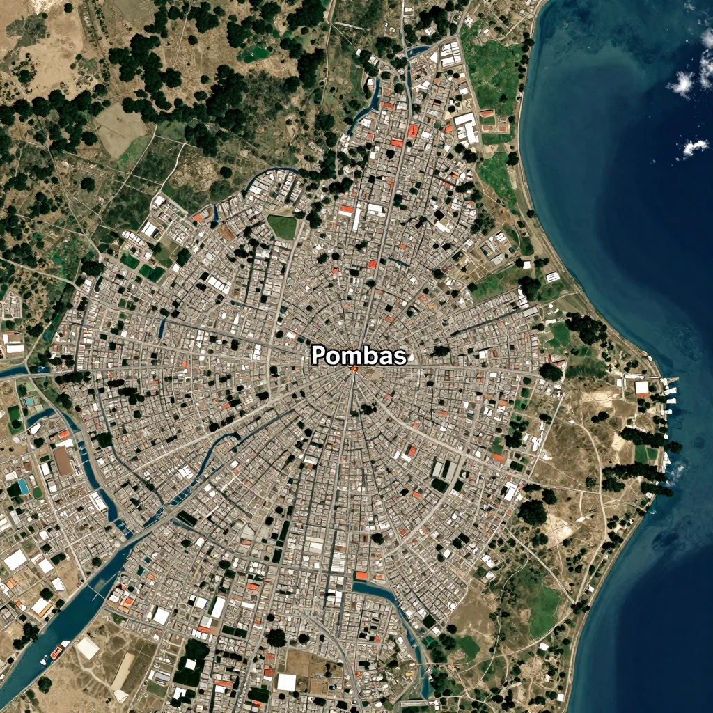 High-resolution satellite image of Pombas, Cape Verde showing land cover, urban areas, and natural features from space