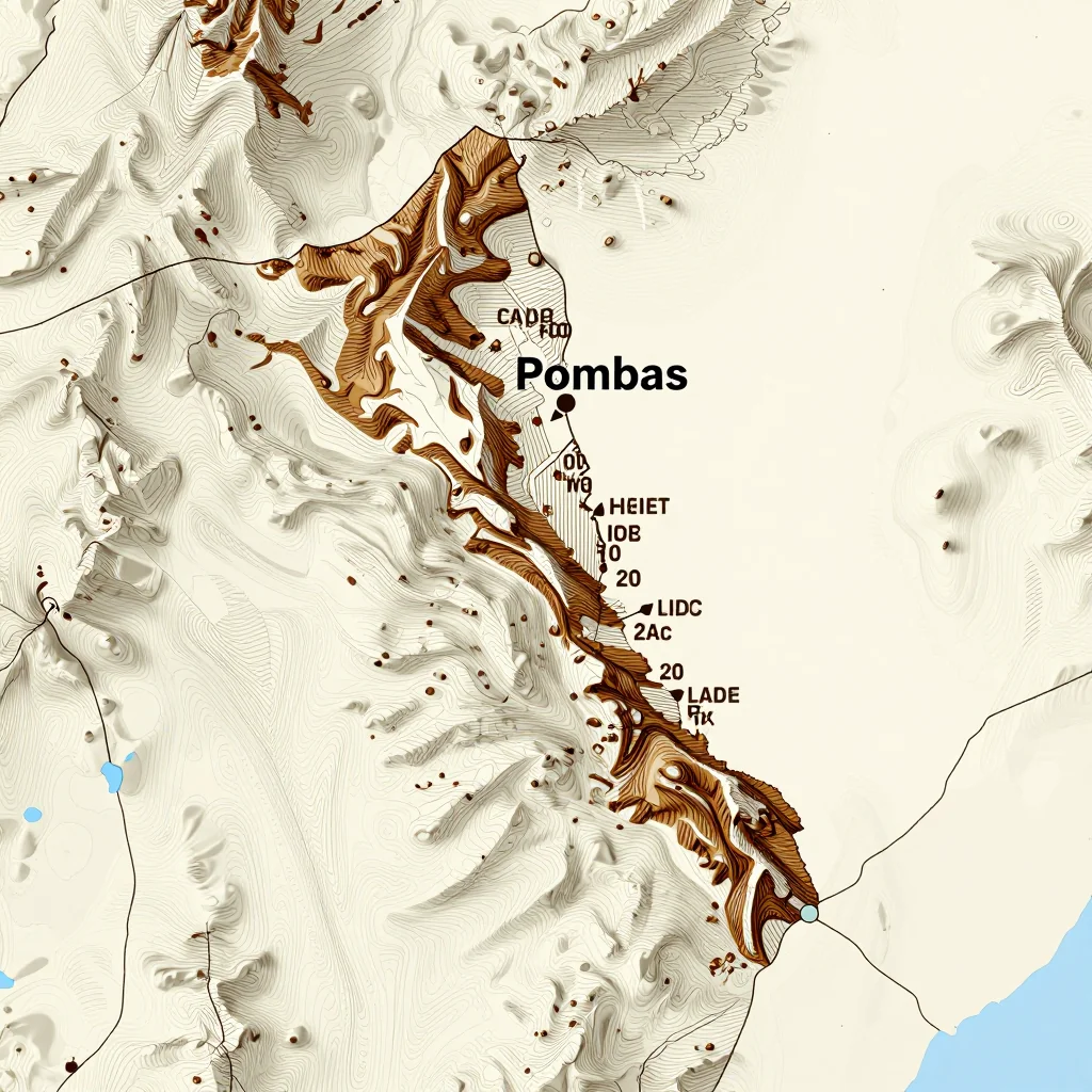 3D topographic map showing elevation contours, mountain ranges, and terrain features of Pombas, Cape Verde