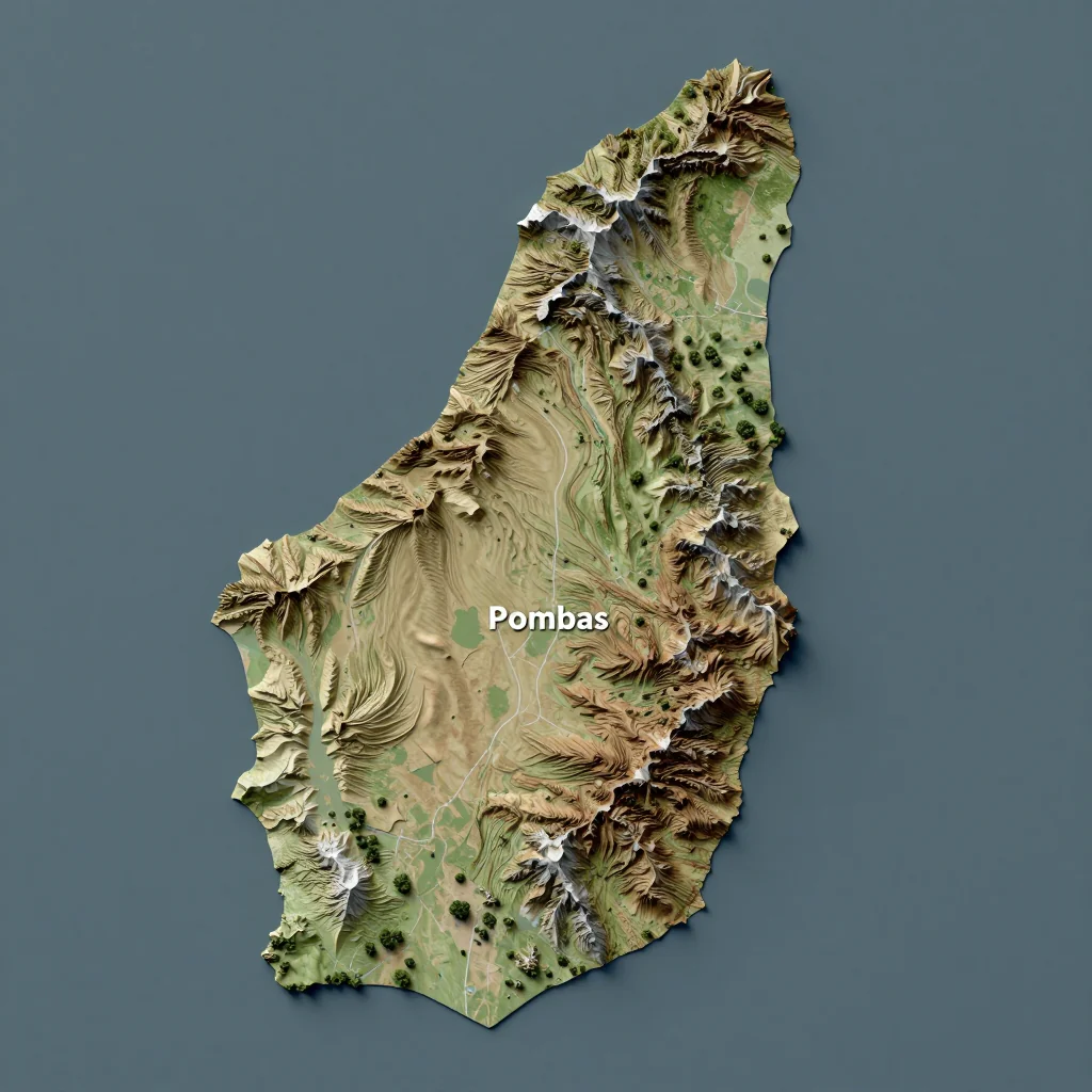 Isometric 3D topographic visualization showing elevation and terrain of Pombas, Cape Verde