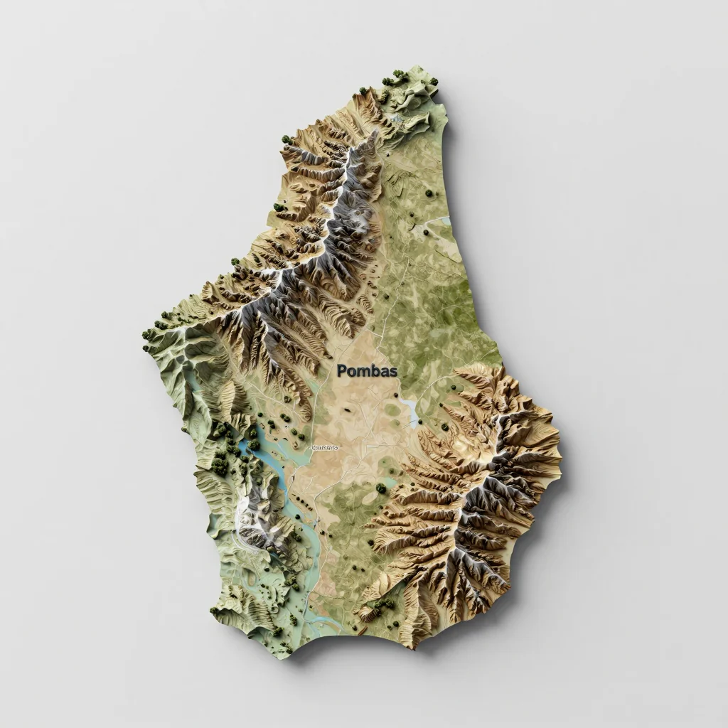 Isometric 3D topographic visualization showing elevation and terrain of Pombas, Cape Verde