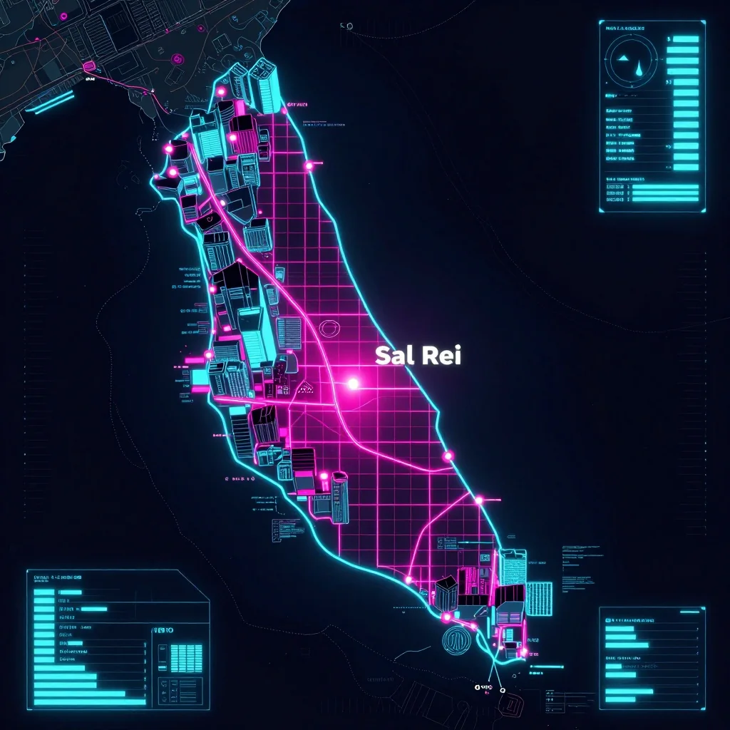 Cyberpunk style digital map of Sal Rei, Cape Verde with neon grid lines and futuristic UI design