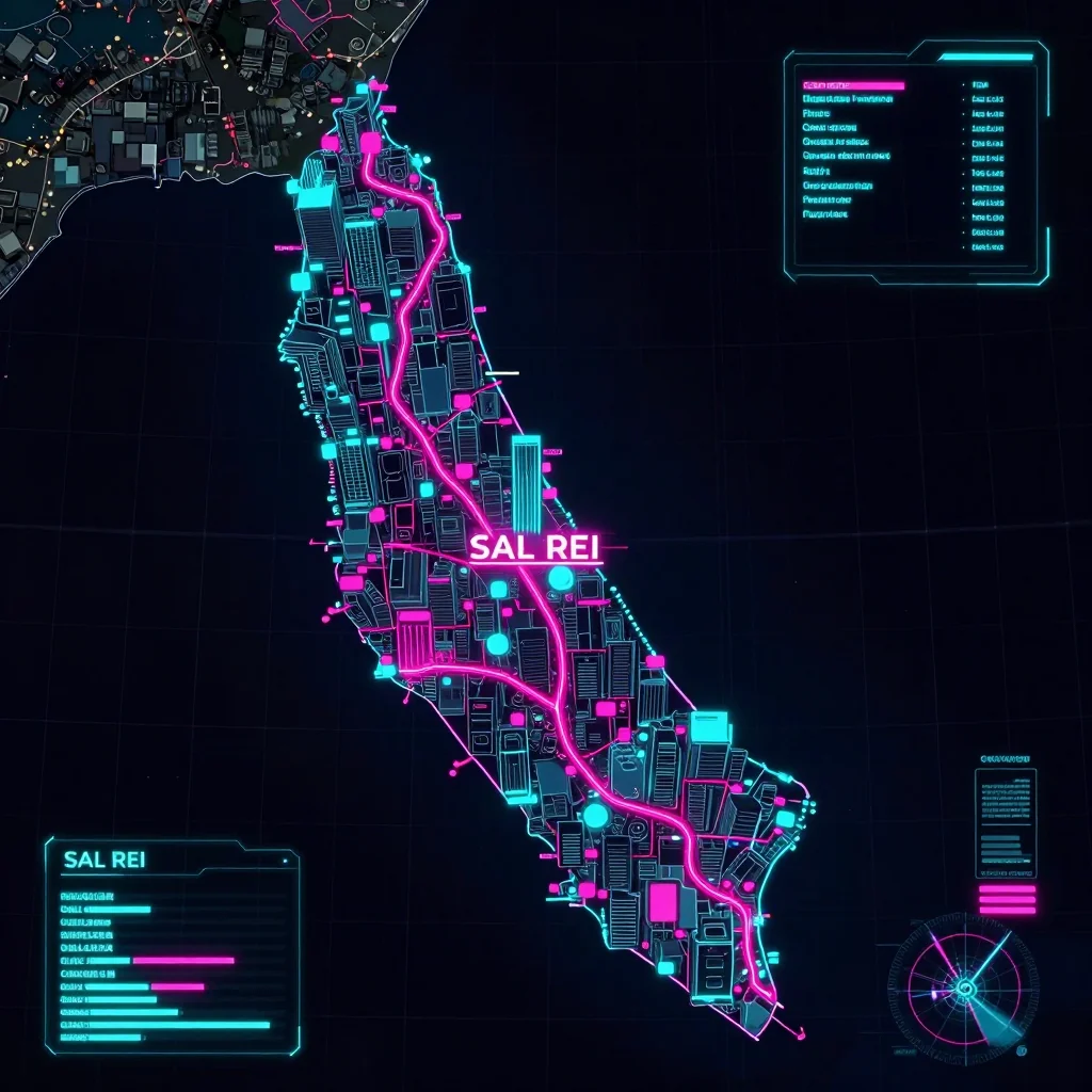 Cyberpunk style digital map of Sal Rei, Cape Verde with neon grid lines and futuristic UI design