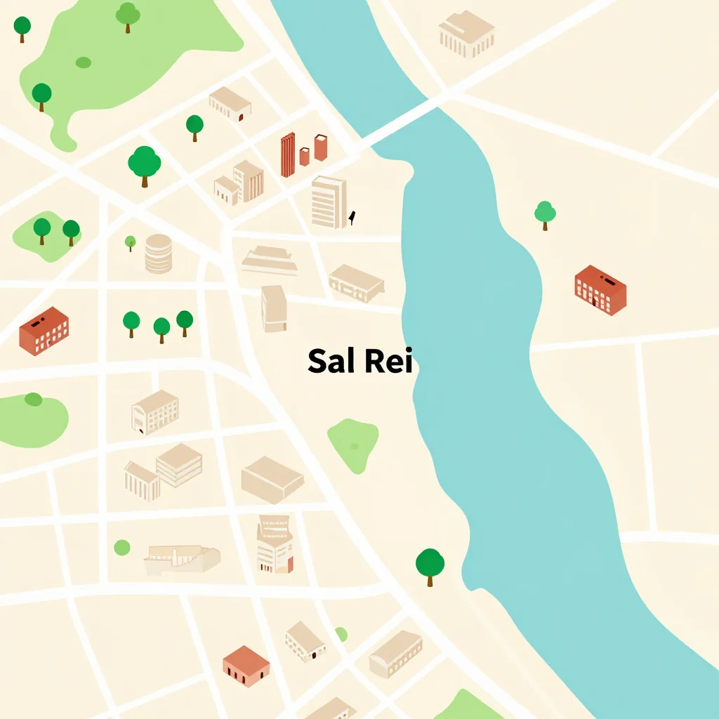 Isometric flat design tourist map of Sal Rei, Cape Verde showing landmarks, attractions, and points of interest