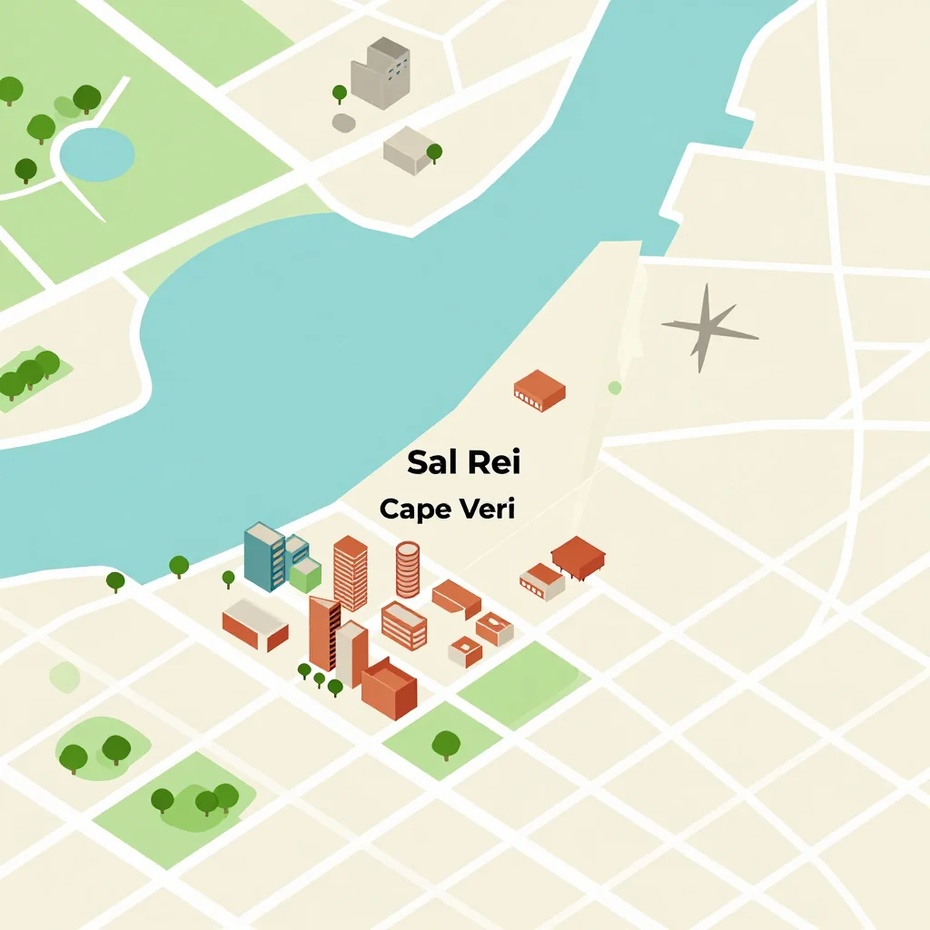 Isometric flat design tourist map of Sal Rei, Cape Verde showing landmarks, attractions, and points of interest