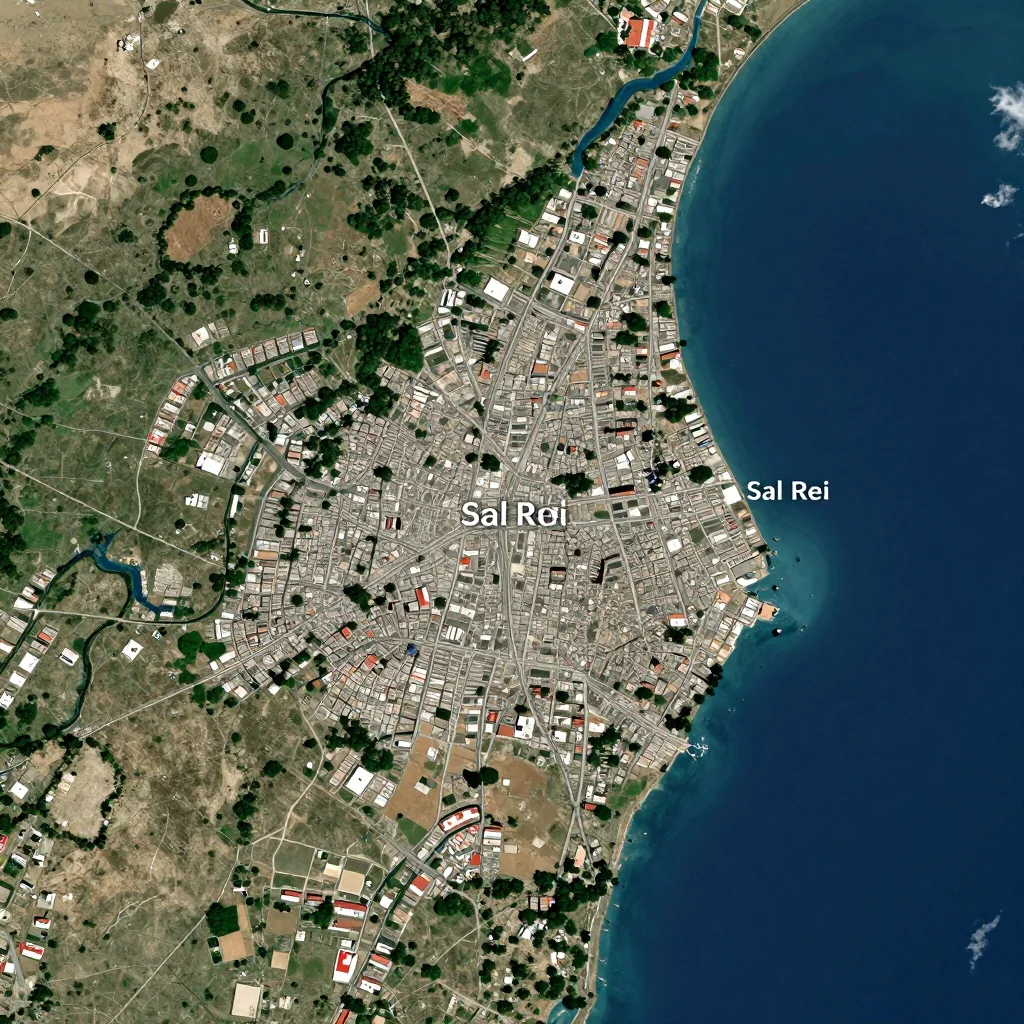High-resolution satellite image of Sal Rei, Cape Verde showing land cover, urban areas, and natural features from space