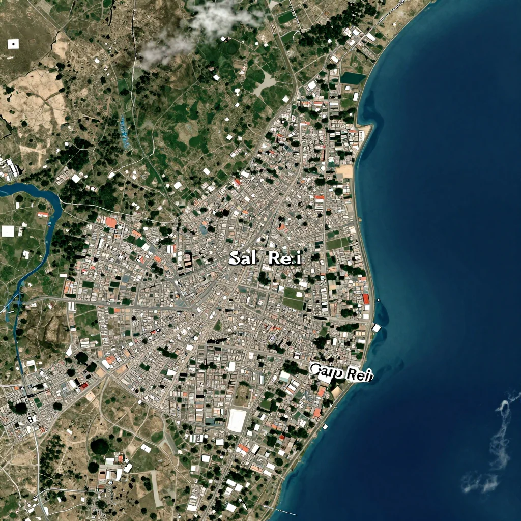 High-resolution satellite image of Sal Rei, Cape Verde showing land cover, urban areas, and natural features from space