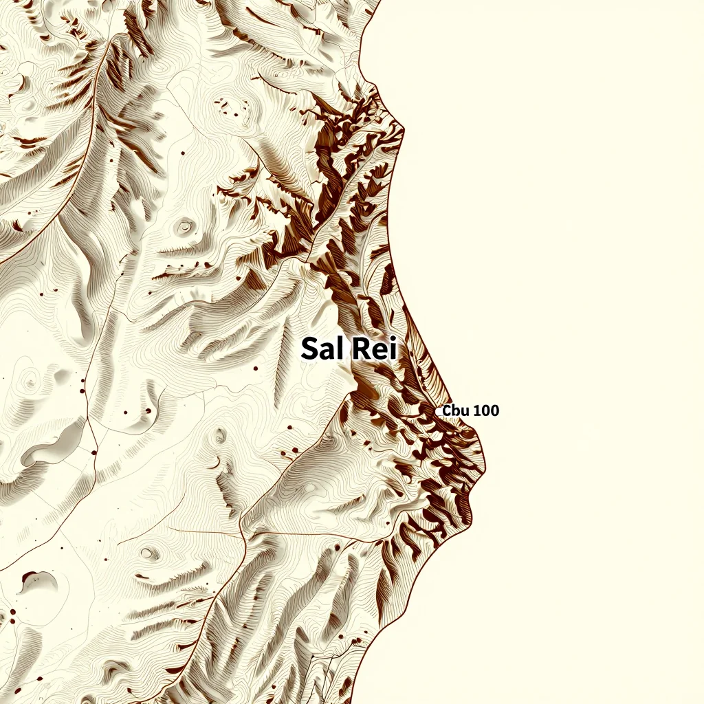 3D topographic map showing elevation contours, mountain ranges, and terrain features of Sal Rei, Cape Verde