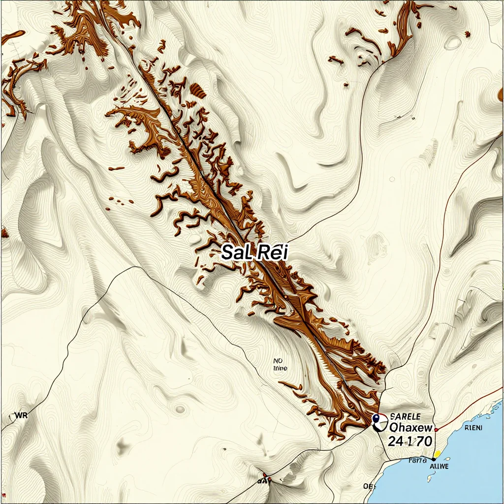 3D topographic map showing elevation contours, mountain ranges, and terrain features of Sal Rei, Cape Verde