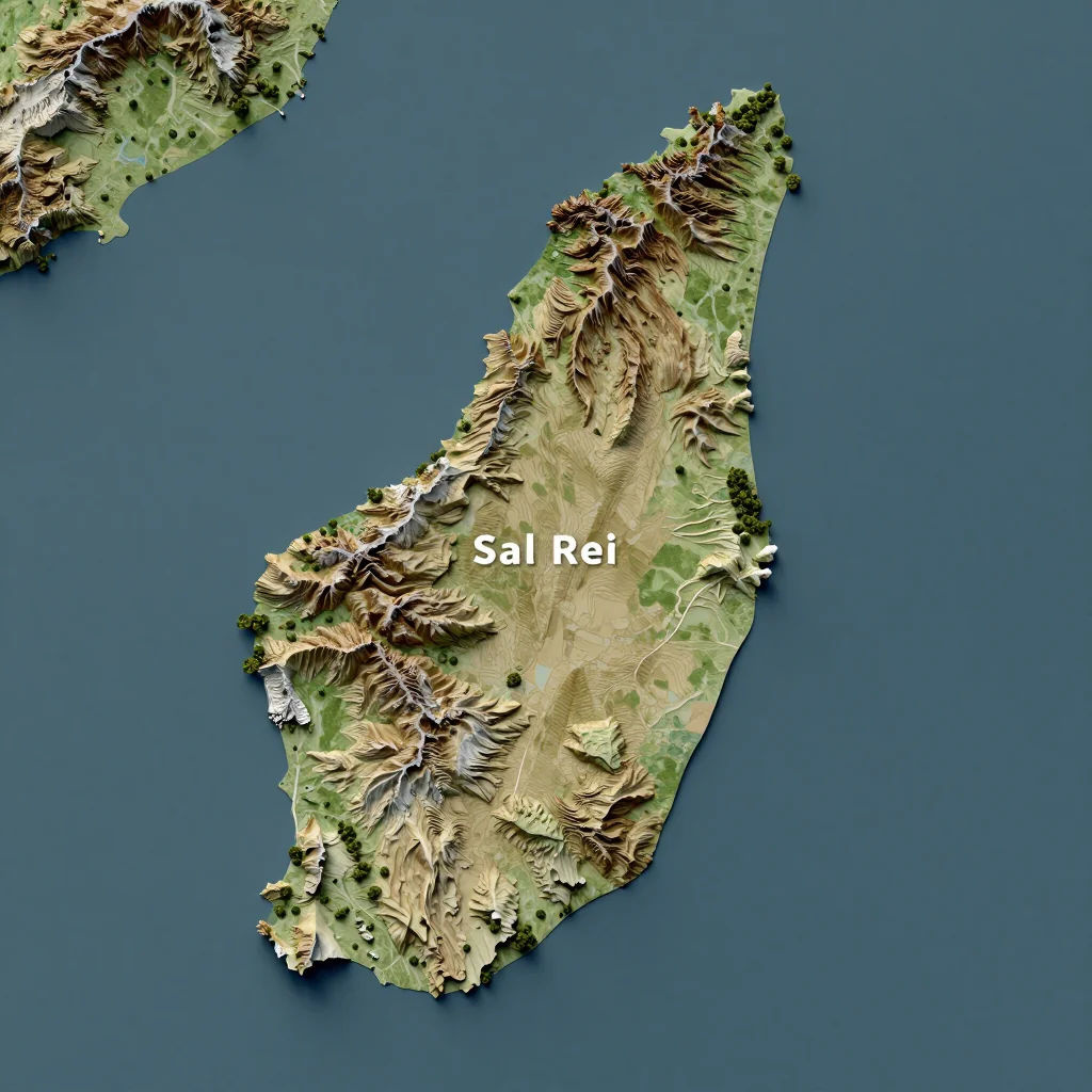 Isometric 3D topographic visualization showing elevation and terrain of Sal Rei, Cape Verde