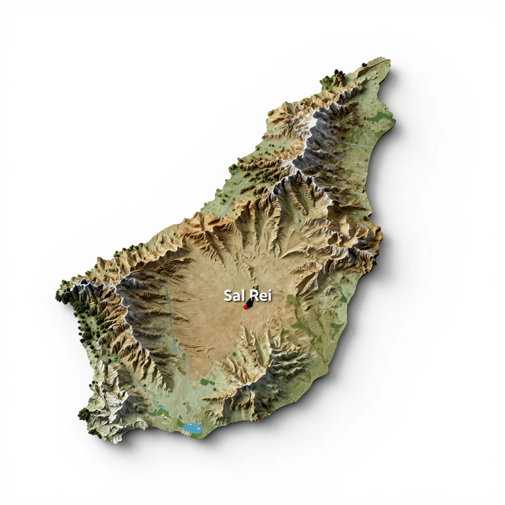 Isometric 3D topographic visualization showing elevation and terrain of Sal Rei, Cape Verde