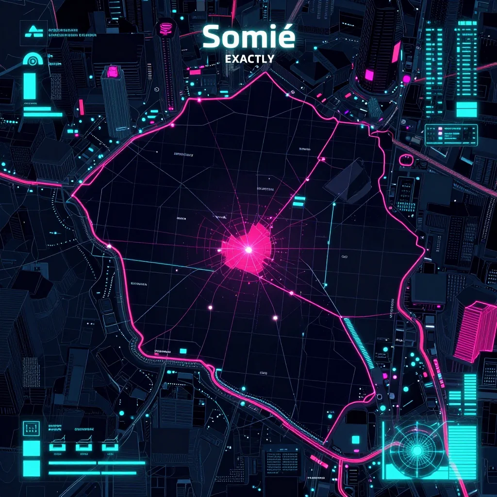 Cyberpunk style digital map of Somié, Cameroon with neon grid lines and futuristic UI design