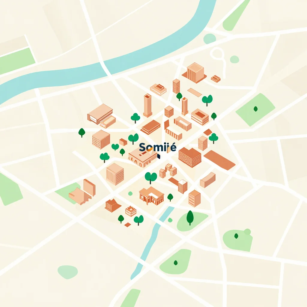 Isometric flat design tourist map of Somié, Cameroon showing landmarks, attractions, and points of interest