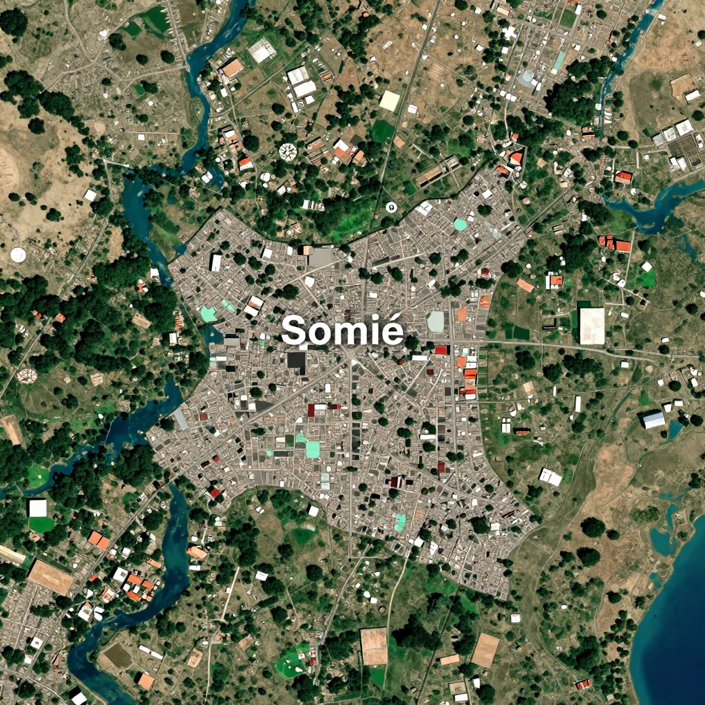High-resolution satellite image of Somié, Cameroon showing land cover, urban areas, and natural features from space